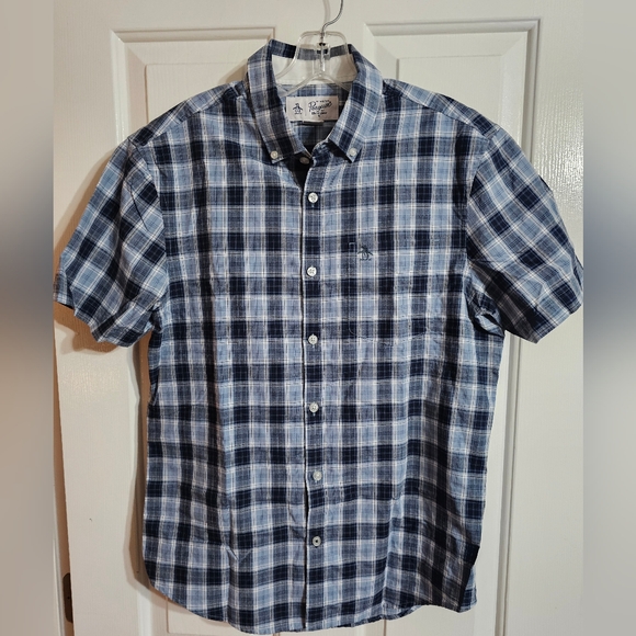 Original Penguin Mens Medium Blue Plaid Button Down Short Sleeve Shirt Classic - Picture 2 of 6